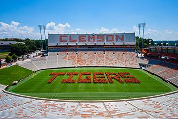 football stadium with 'Clemson Tigers' on the field